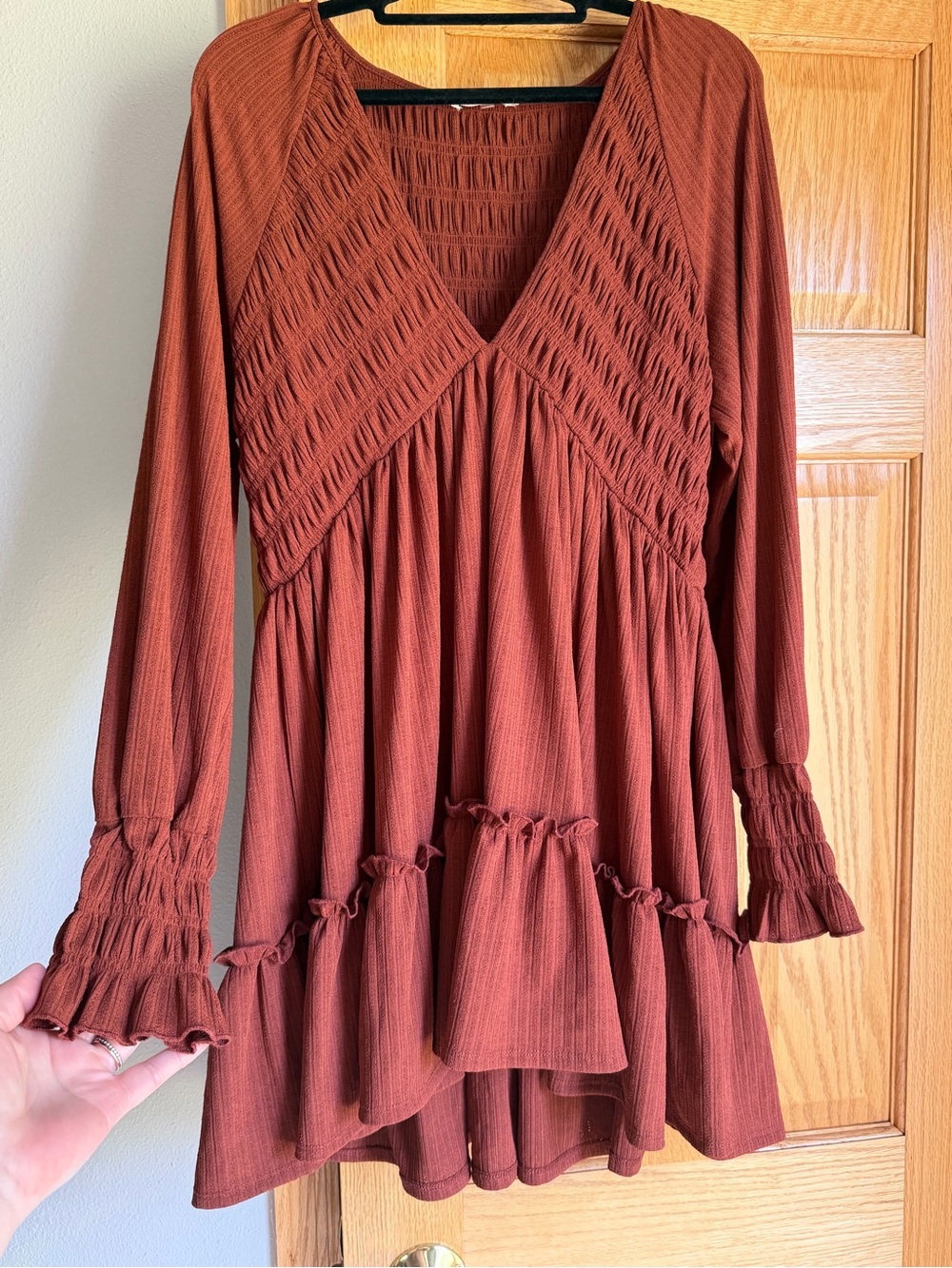 Altar’d State Smocked V-Neck Tiered Ruffle Mini Dress Rust Brown Orange Boho M